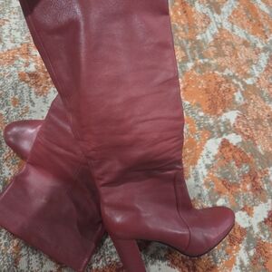 Women's Tall Red Leather Block Heel Boots